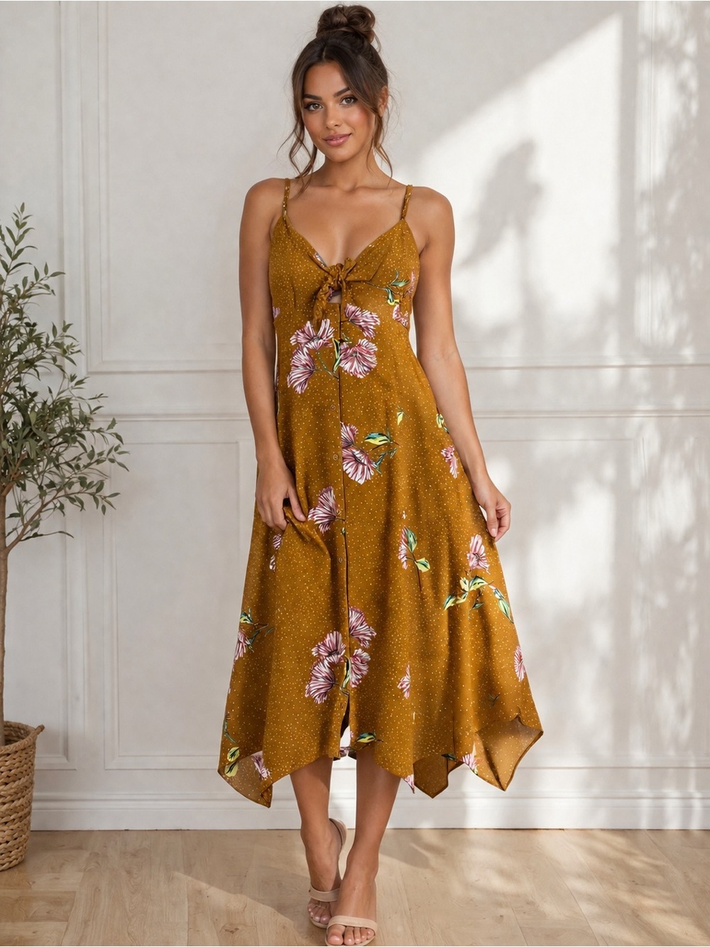 Xhilaration Mustard Floral Tie-Front Midi Dress